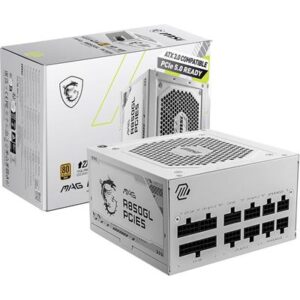 MSI MAG A850GL PCIE 5 White Gaming Power Supply, Full Modular, 80 Plus Gold Certified 850W, Compact Size, ATX PSU